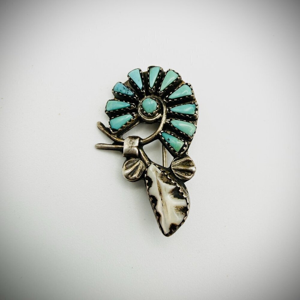 Vintage Zuni Sterling Silver Turquoise Needlepoint Flower Brooch